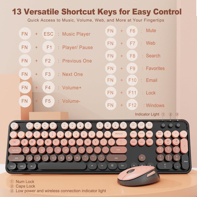 Nowlike Wireless Keyboard and Mouse Combo, Retro Typewriter Keyboard with Round Keycaps, Full-Size Ergonomic, Aurora Red, Ideal for Windows PC, Home, Office, and College - Image 3